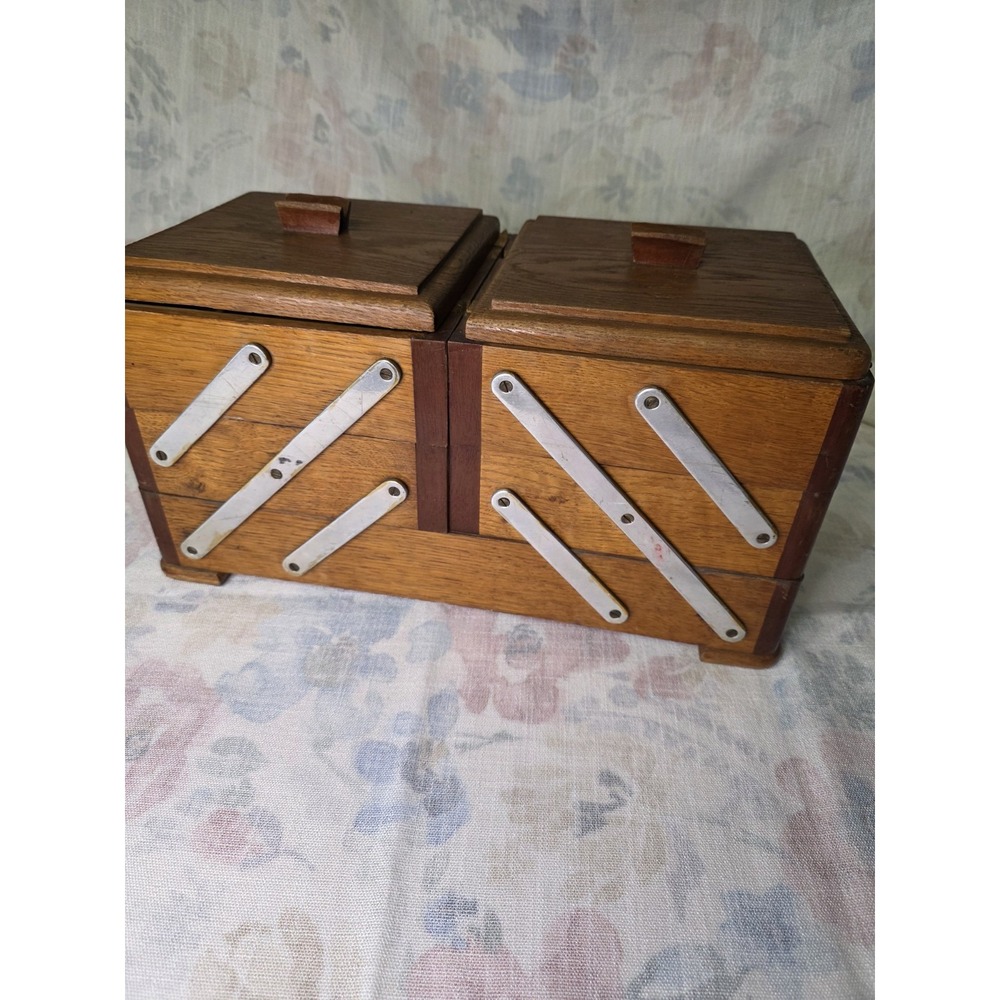 Vintage Wooden Accordion Sewing Box Cantilever Tiered Craft Organizer